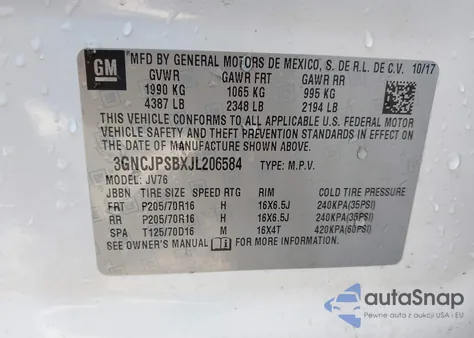 2018 Chevrolet Trax Lt from USA, damaged, VIN 3GNCJPSBXJL206584